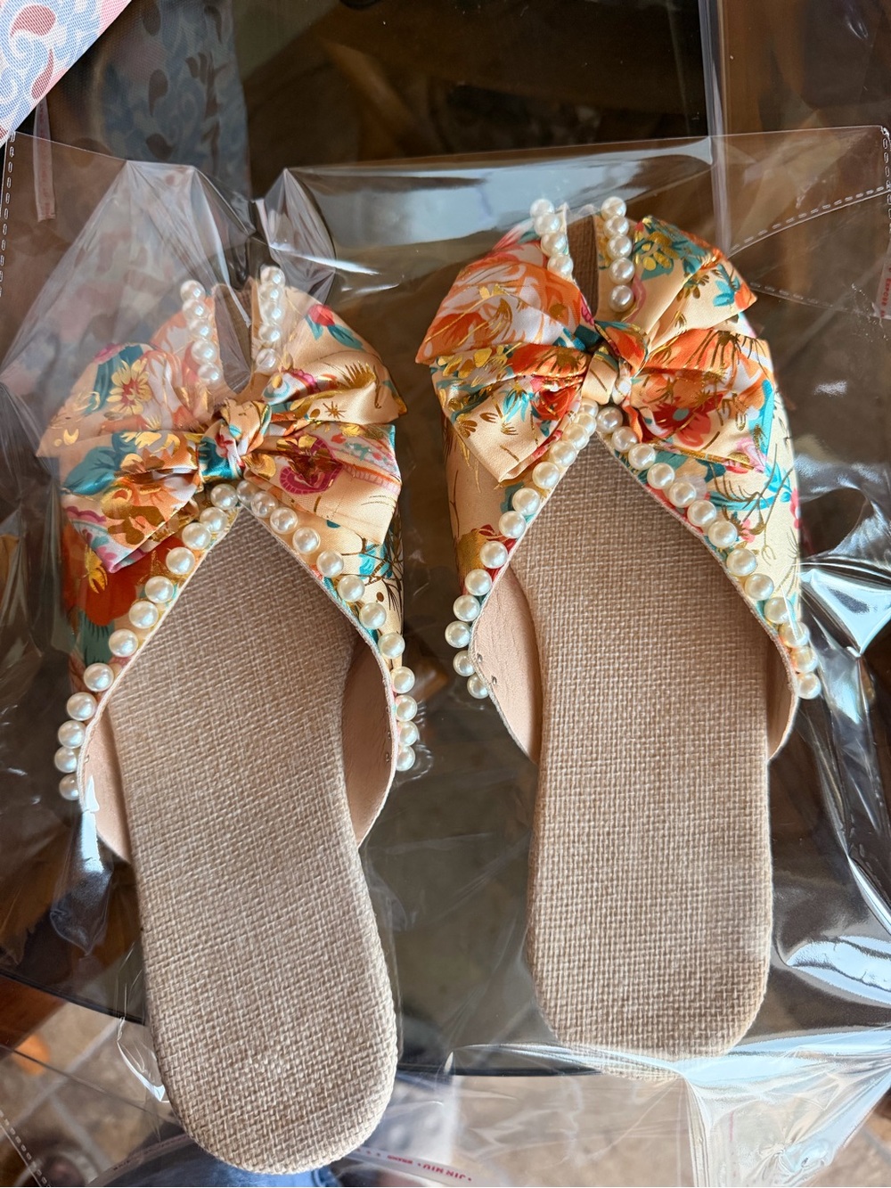 Pearl-Trim Bow Floral Slide Sandals - Peach